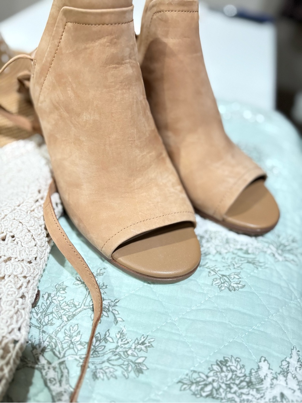 Sam Edelman Taupe Suede Peep-Toe Ankle Booties with Ankle Strap